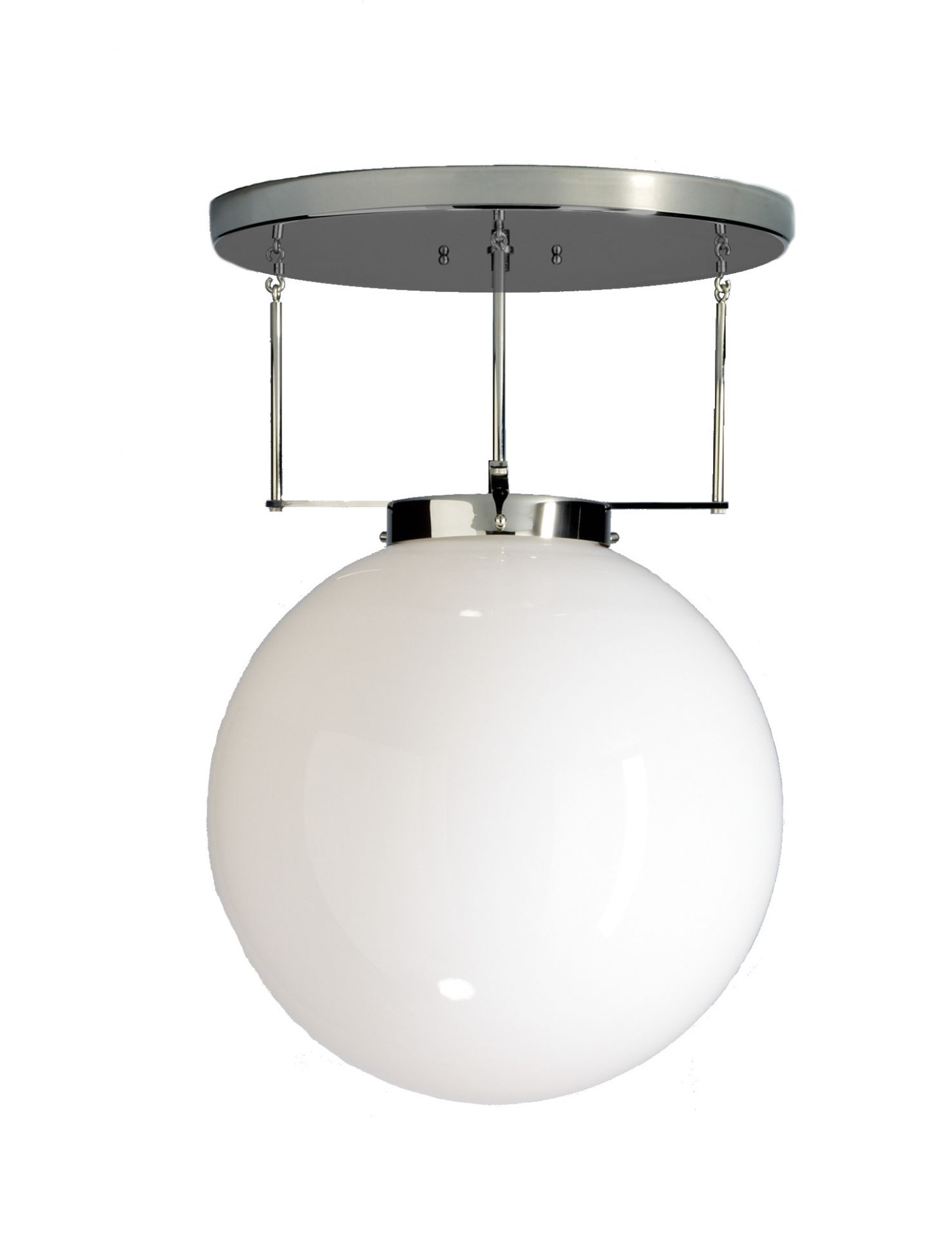 DMB 26 Bauhaus Deckenleuchte von Tecnolumen mit weißem Glasschirm und Nickel-Aufhängung.