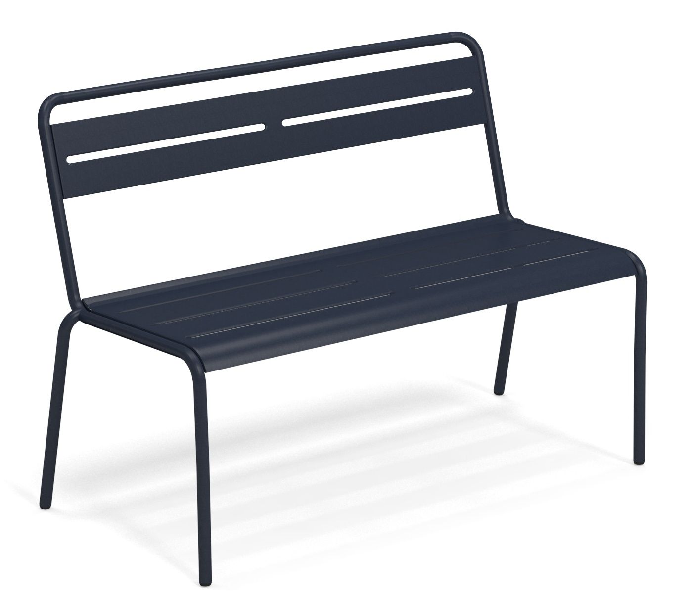 Blaue Emu Star Bank für den Außenbereich, moderne Gartenbank aus Metall mit Rückenlehne.