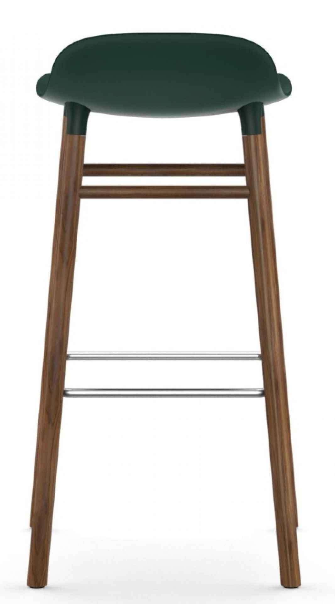 Normann Copenhagen Form Barhocker H75 cm, dunkelgrüne Sitzfläche und Holzbeine, moderne Barstuhl-Ansicht von hinten.