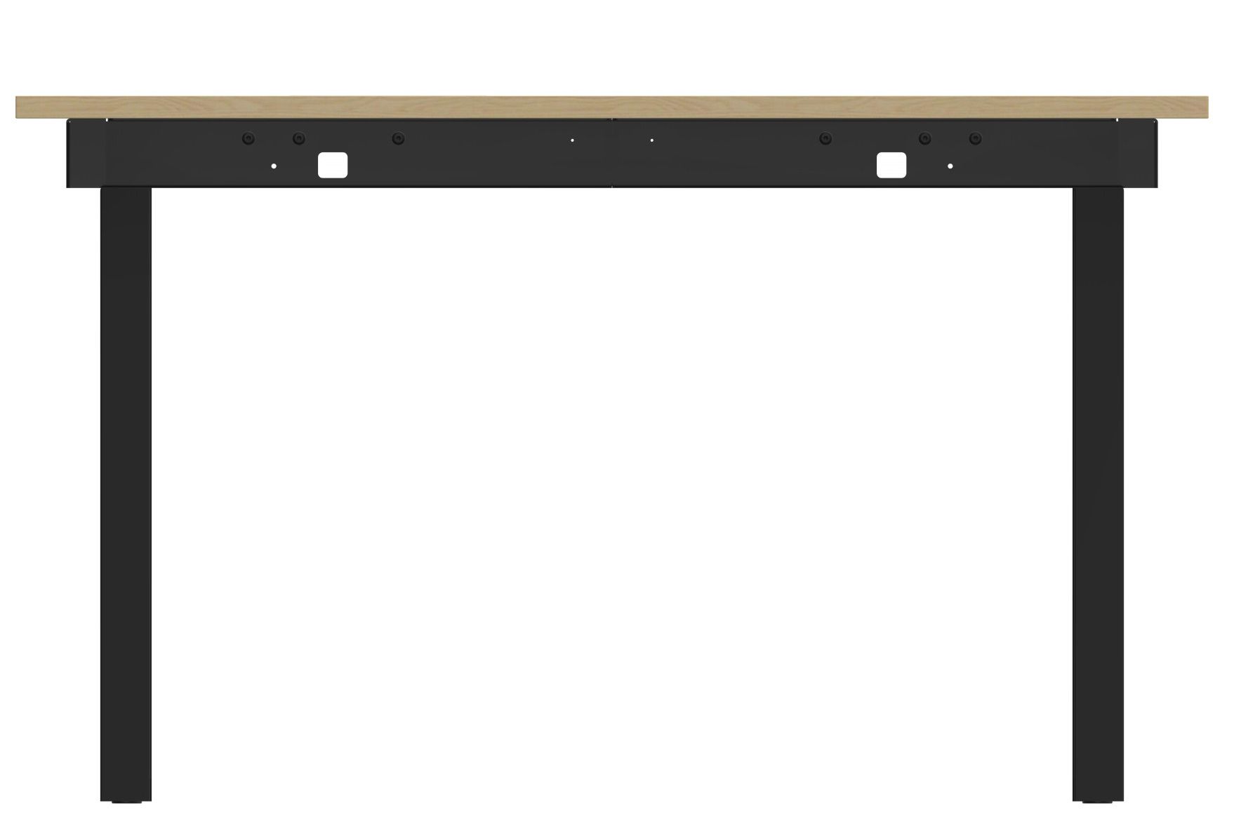 Wordesk Table Schreibtisch von String Furniture mit hellbrauner Tischplatte und schwarzem Metallgestell, Frontansicht.
