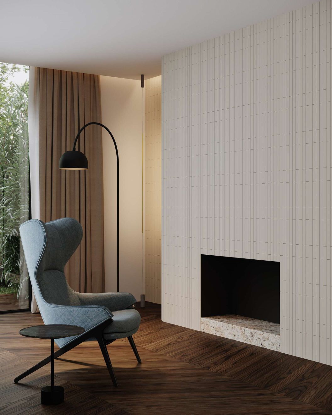 Wohnzimmer-Szene mit Cassina Beistelltisch, Sessel, Stehlampe und Kamin vor einer getäfelten Wand.