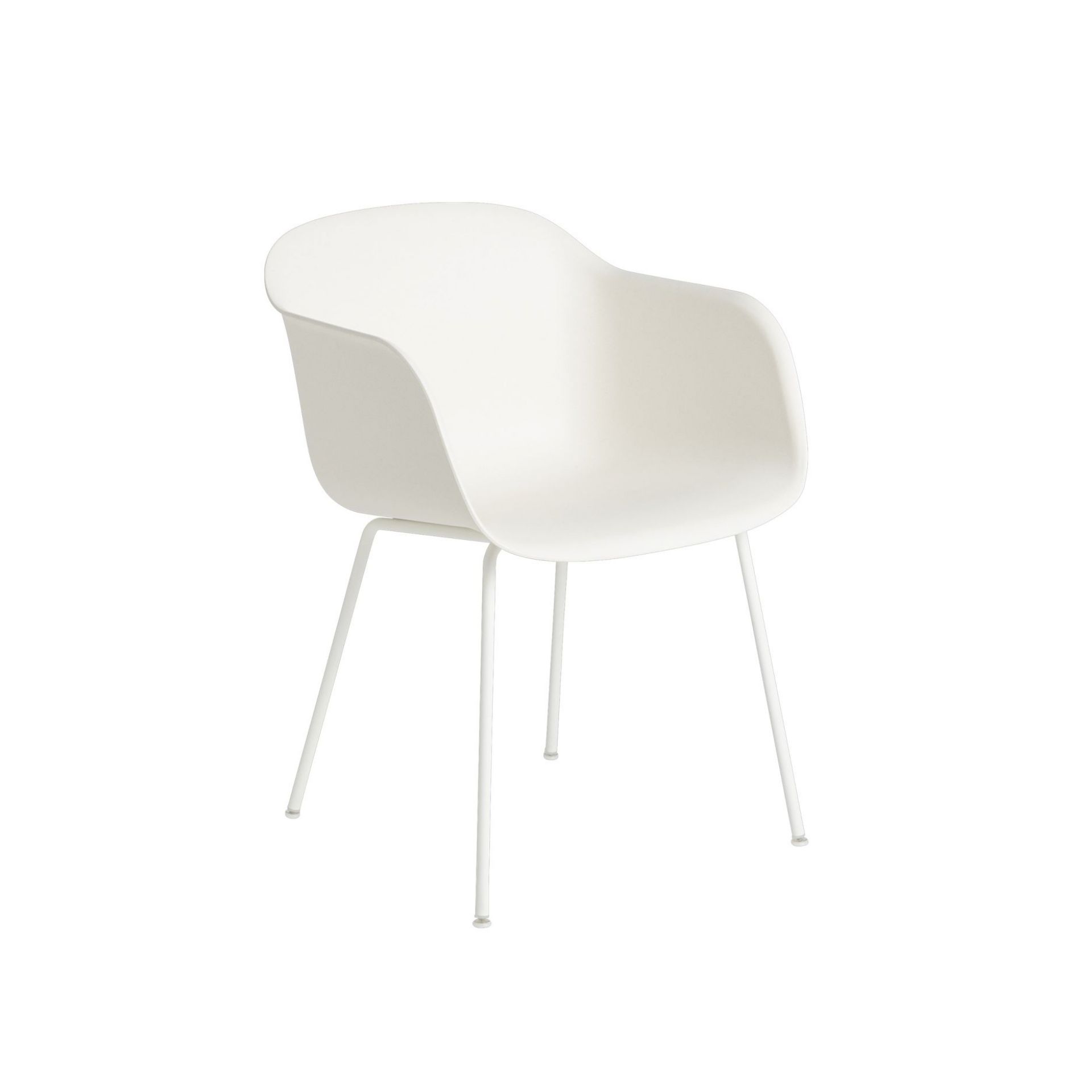 Weißer Fiber Armchair von Muuto mit minimalistischem Design und Stahlrohrgestell für Esszimmer oder Büro.