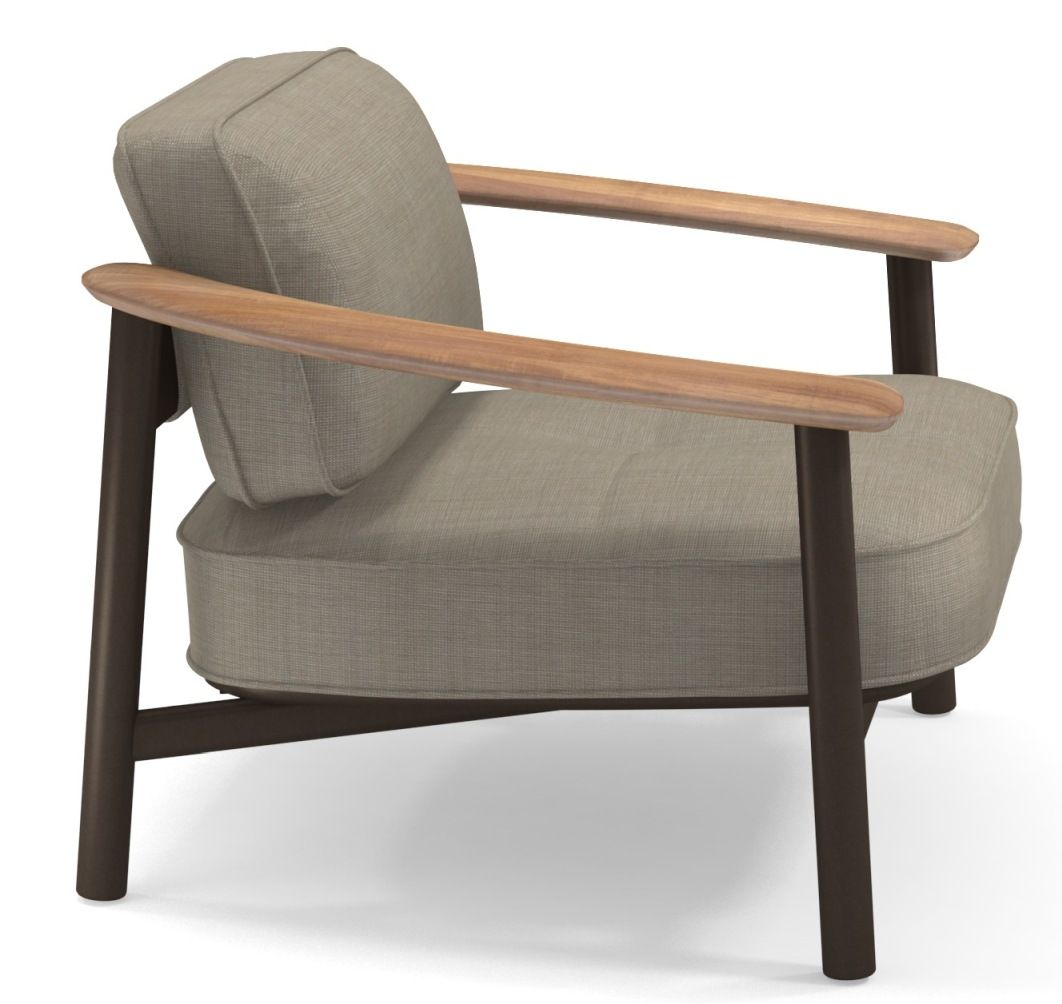 Emu Twins Lounge Chair Sessel Outdoor, beiger Stoffbezug, Armlehnen aus Holz, modernes Design für Garten und Terrasse.