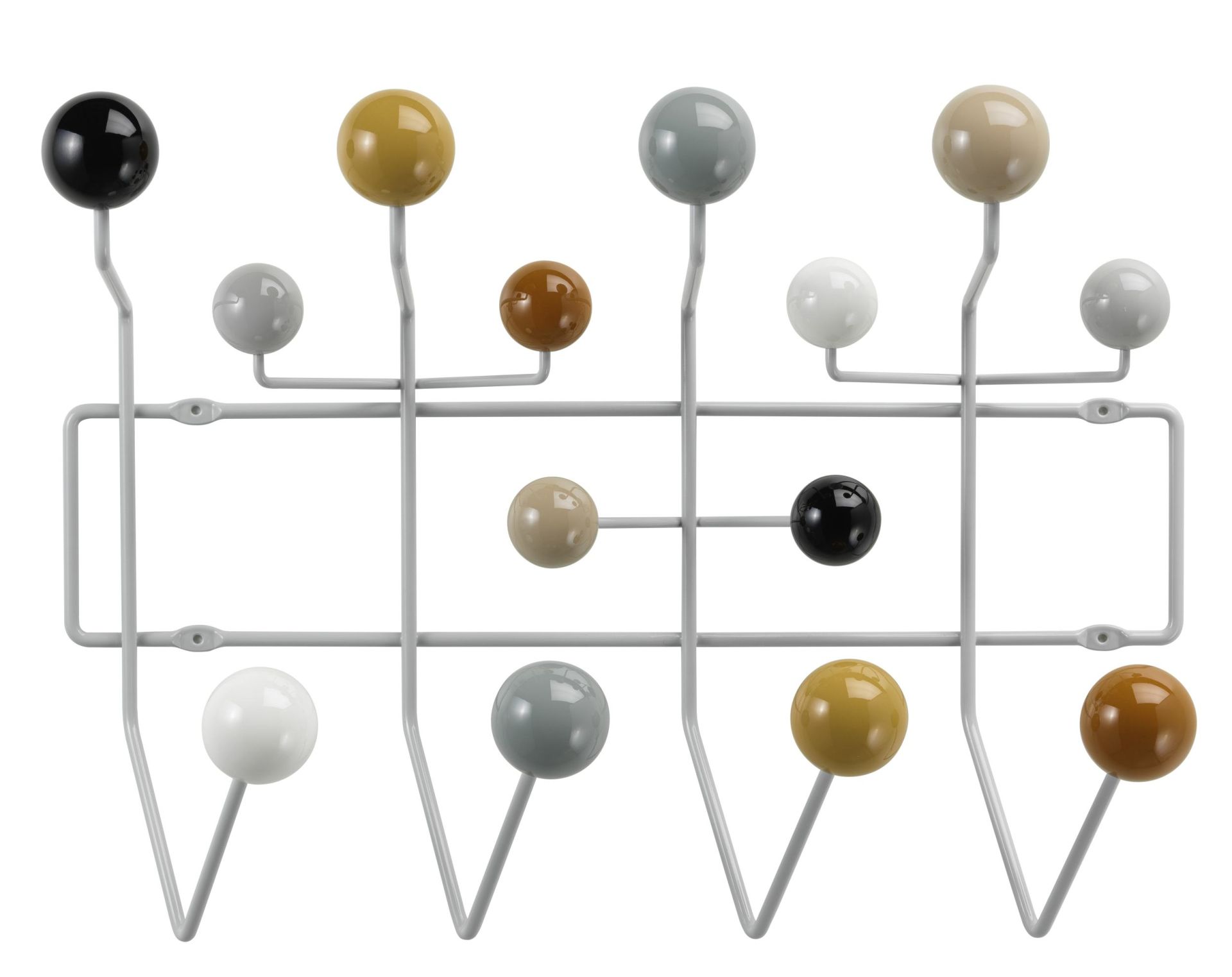Eames Hang it all Garderobe von Vitra in neutralen Farben, moderne Wandgarderobe mit bunten Holzkugeln.