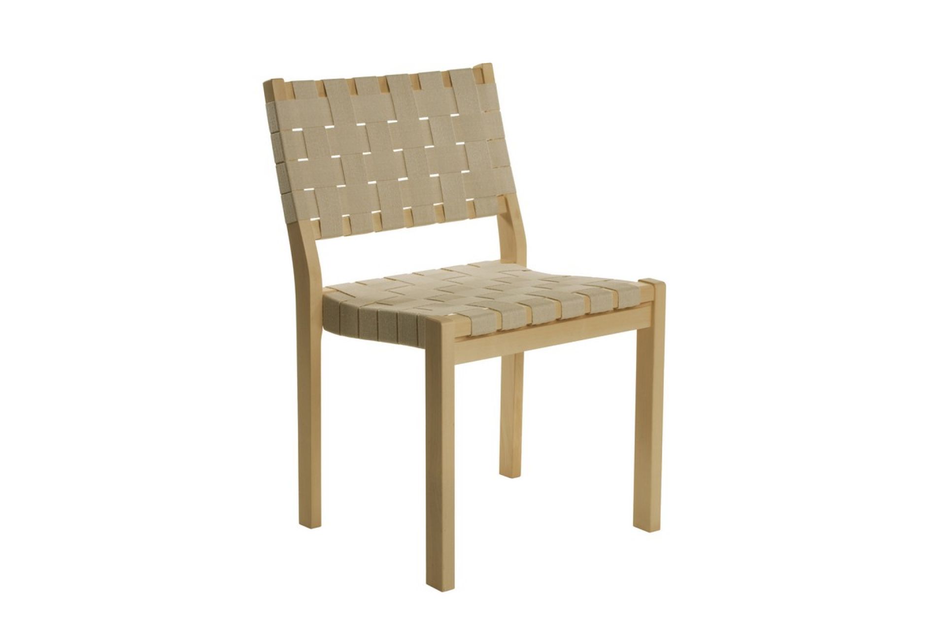 Artek Stuhl 611: Holzstuhl mit gewebter Sitzfläche und Rückenlehne aus beigem Stoffband, skandinavisches Design.