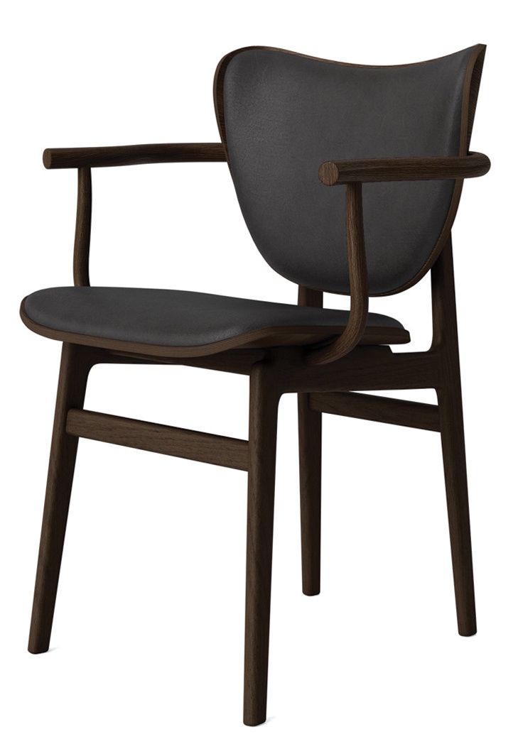 NORR11 Elephant Dining Armchair: Moderner Armlehnstuhl aus dunklem Holz mit grauem Lederbezug.