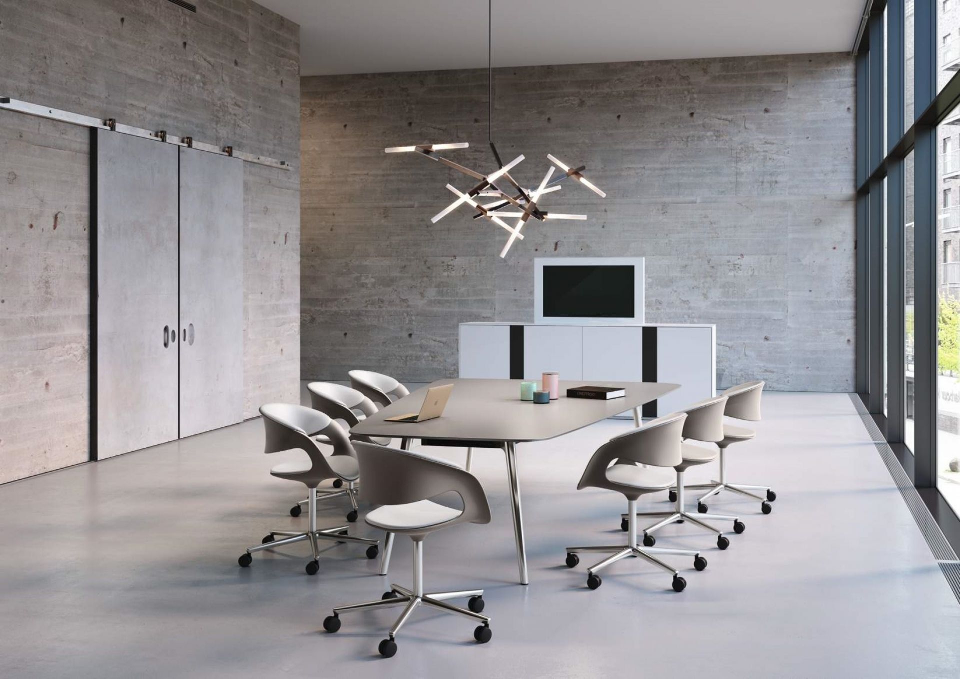 Walter Knoll Lox Drehstühle in Grau um einen Konferenztisch in modernem Büroambiente.