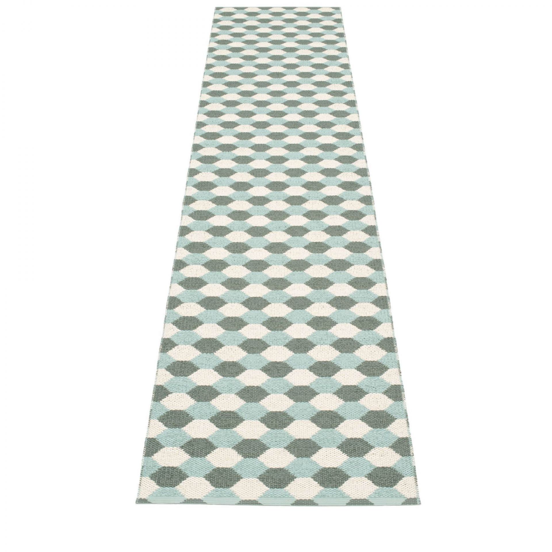 Pappelina Dana Kunststoffteppich in 70x335 cm mit geometrischem Muster in Grün, Weiß und Türkis.