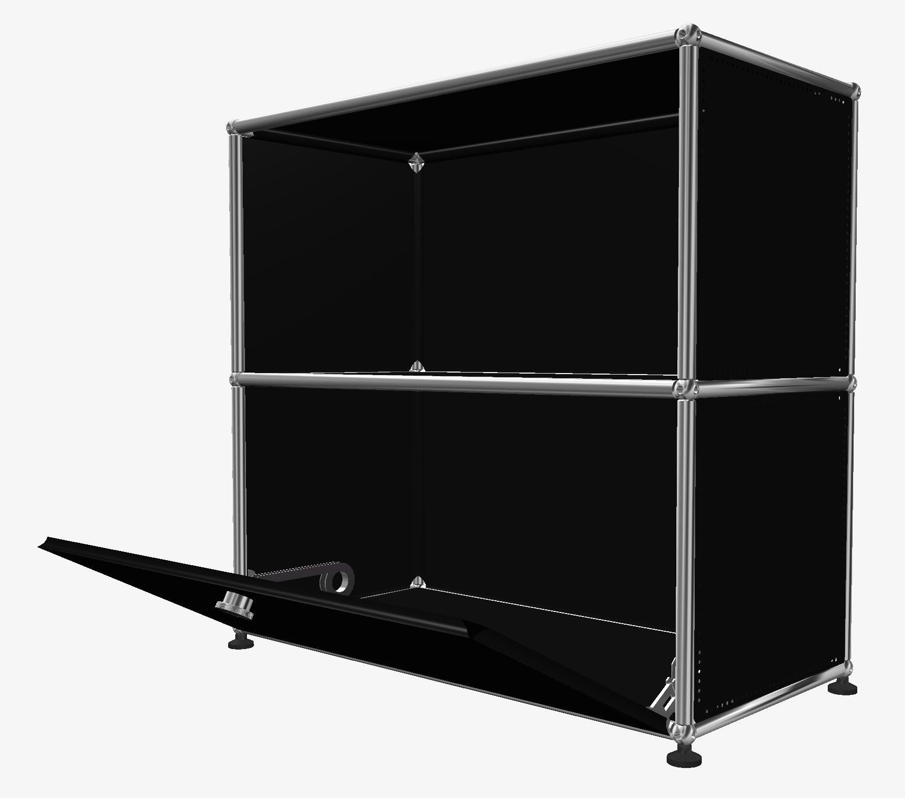 USM Haller Sideboard in Graphitschwarz mit offener Ablage und einer Klappe, modernes Designmöbel.