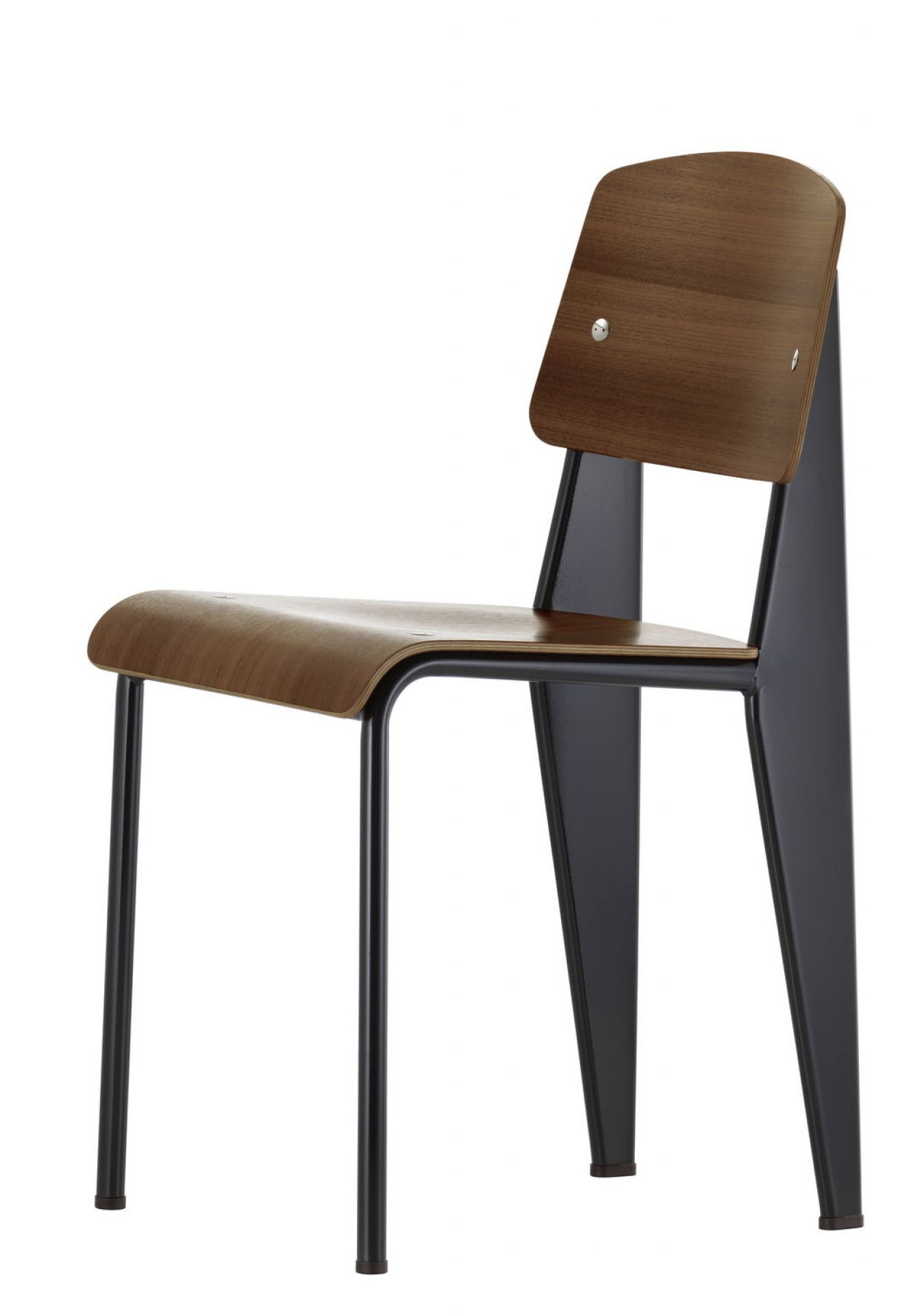 Vitra Standard Stuhl mit dunklem Holz und schwarzem Metallgestell, minimalistisches Design für Esszimmer und Büro.