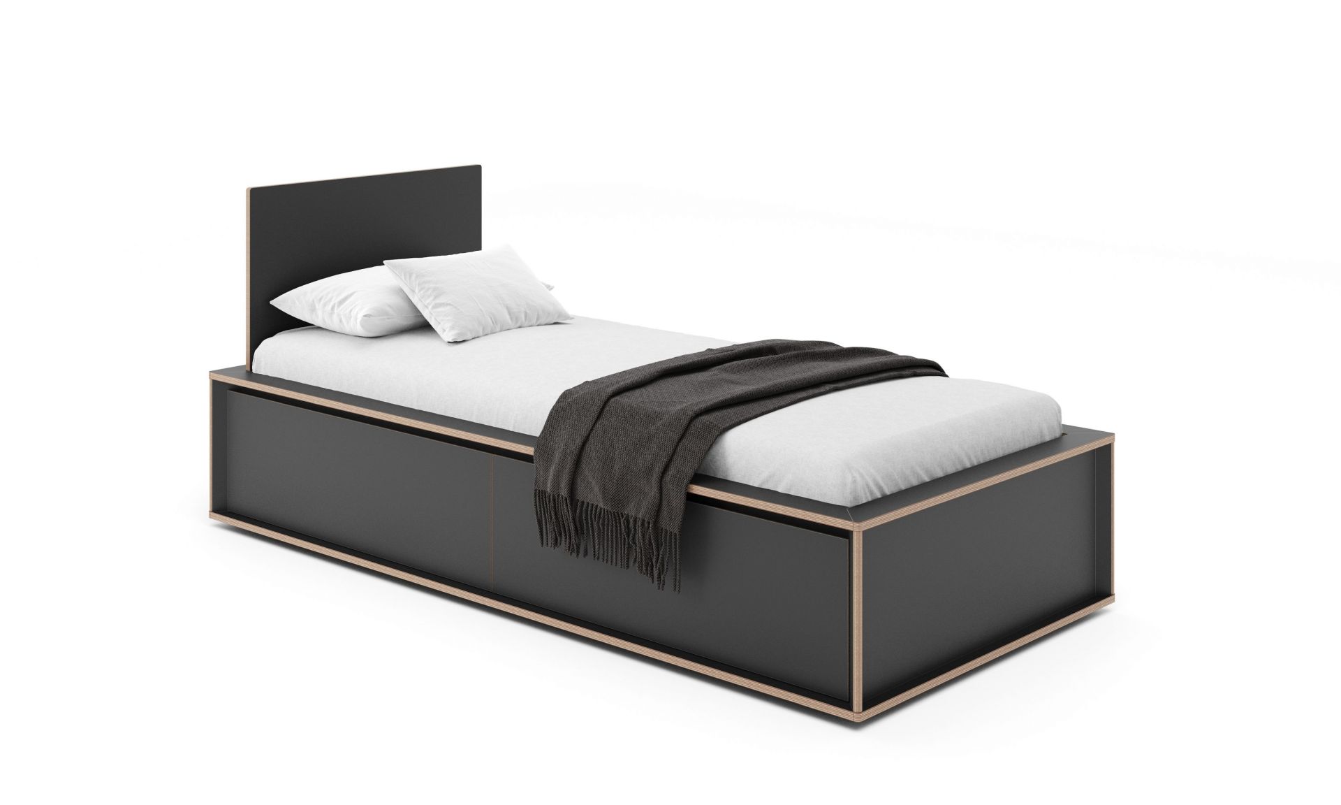 Spaze Bett von Müller Möbelwerkstätten in Schwarz mit Schubladen, Kissen und Decke.