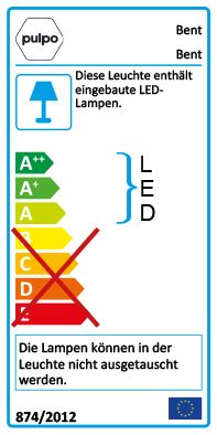 Energielabel der Bent Two Stehleuchte von Pulpo mit fest verbauter LED-Lampe.