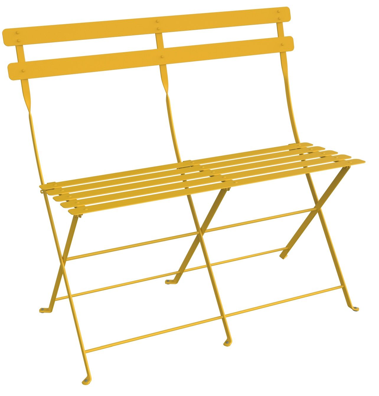 Gelbe Bistro Klappbank für zwei Personen von Fermob, ideal für Garten, Balkon und Terrasse.