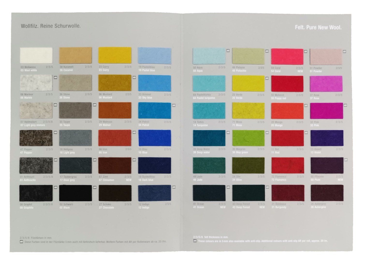 Farbmusterkarte für Hey Sign Filz Wandmodule, zeigt verschiedene Farben und Texturen für die Wandgestaltung.