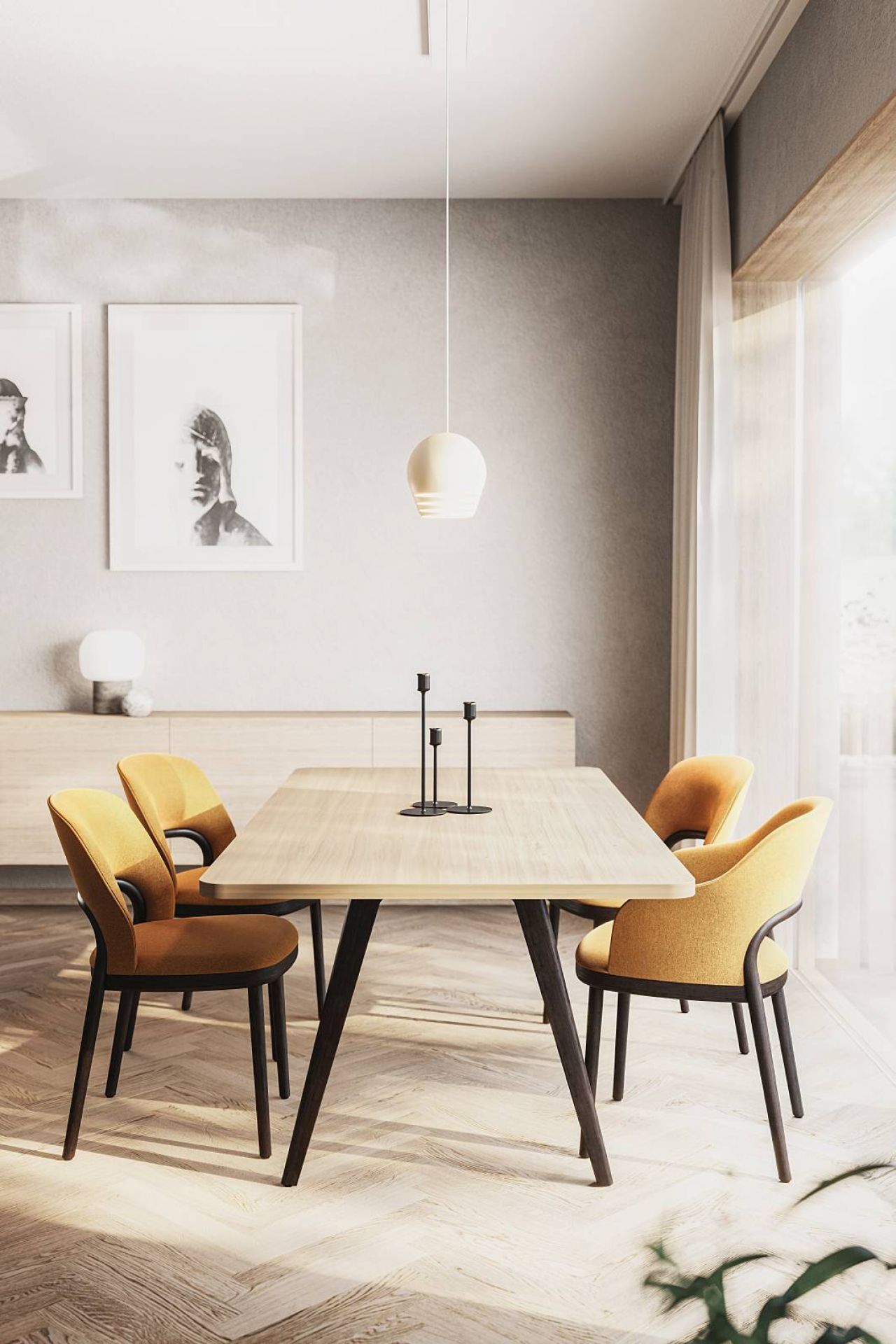 Esszimmer mit Holztisch und vier gelben Thonet 520 PF Polsterstühlen, modernes Möbeldesign für stilvolles Wohnen.