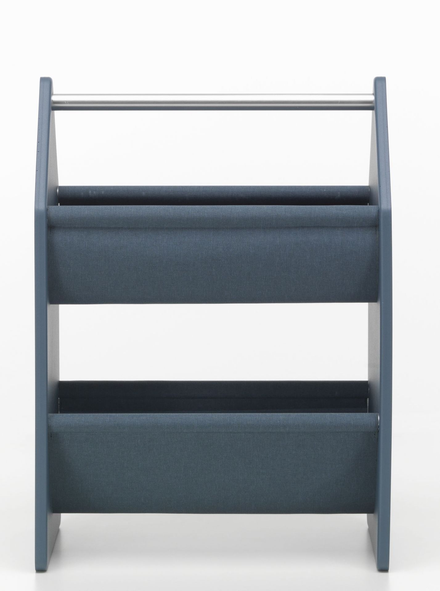 Vitra Drop Box Aufbewahrungsbox in Blau mit zwei Fächern und silbernem Griff.