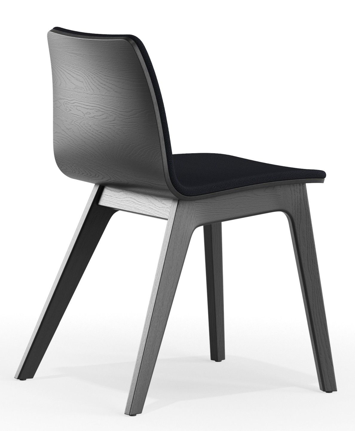 Morph Holzstuhl mit Sitzpolster Zeitraum, Ansicht von hinten, moderner Esszimmerstuhl aus dunklem Holz mit schwarzem Sitz.