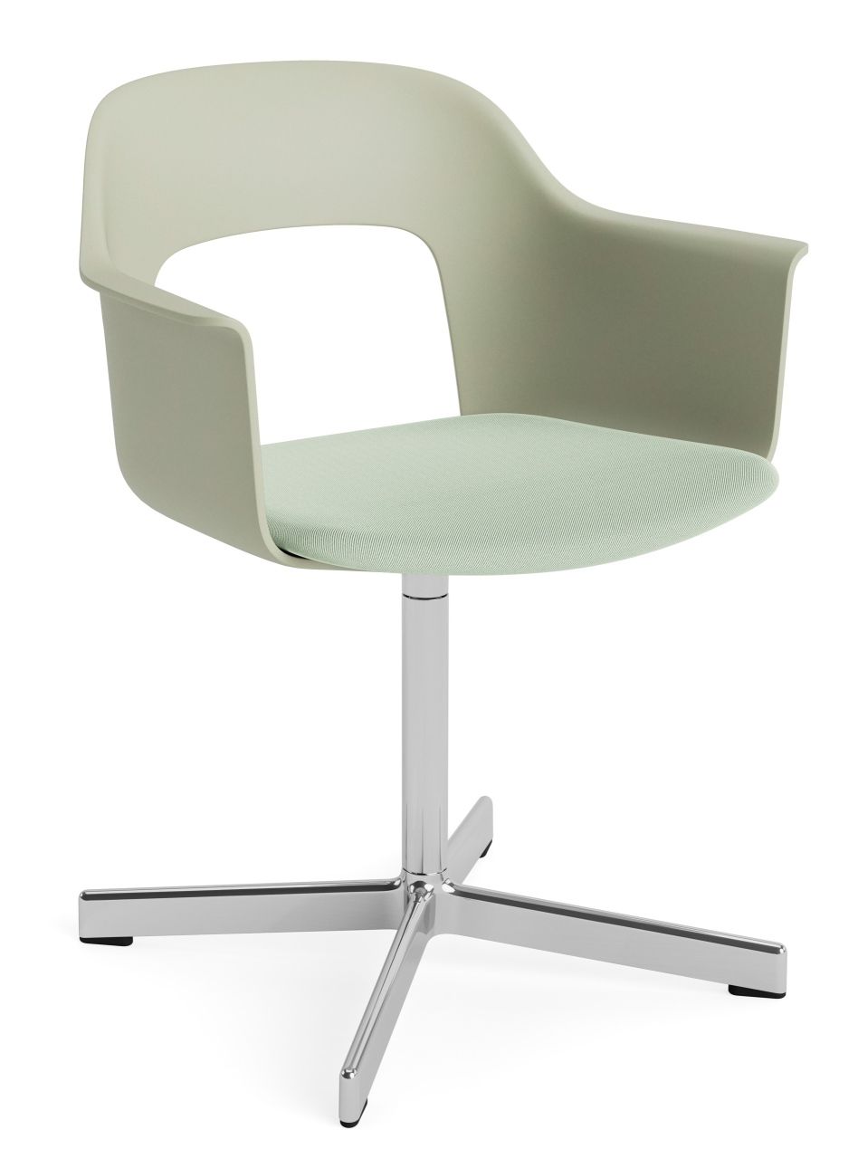 Layout Armchair 233 von Hay, Bürostuhl mit Armlehnen, mintfarbener Sitzfläche und verchromtem Fußkreuz.