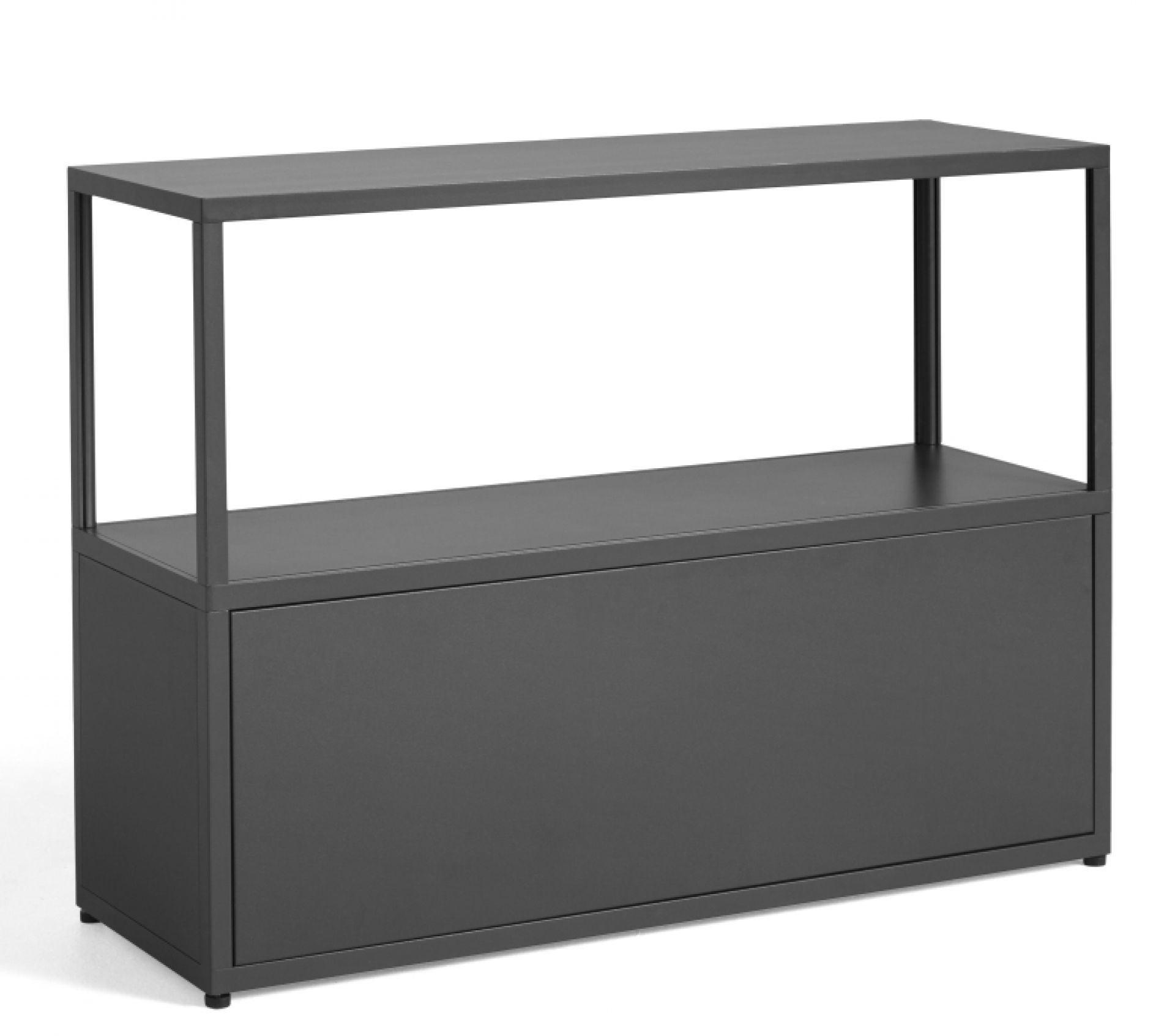 Graues New Order Sideboard von Hay mit Schublade und offener Ablage.