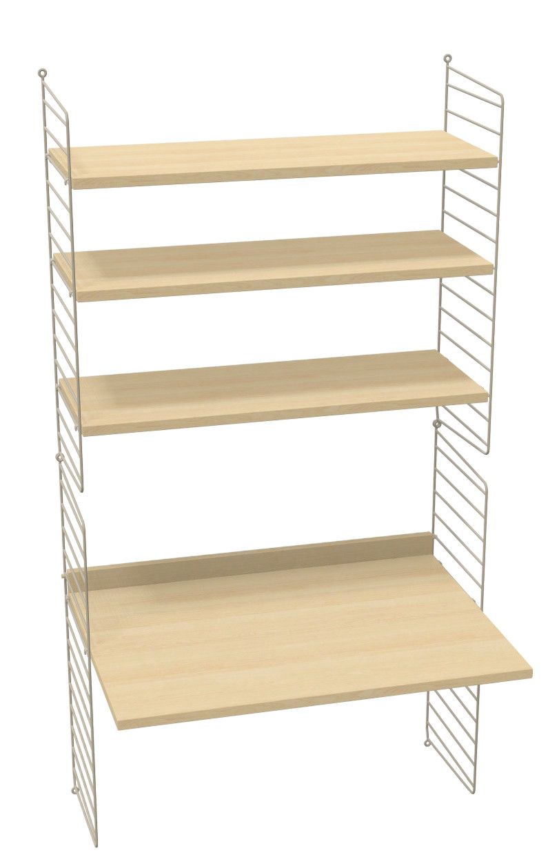 Arbeitsplatz KONFIGURATIONEN W4 String Furniture mit vier Regalböden und einem Schreibtisch in Buche.