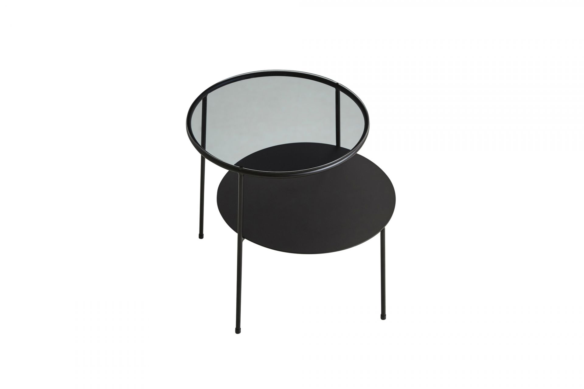 Duo Beistelltisch in Schwarz mit Rauchglasplatte, runder Couchtisch für Wohnzimmer und Lounge.
