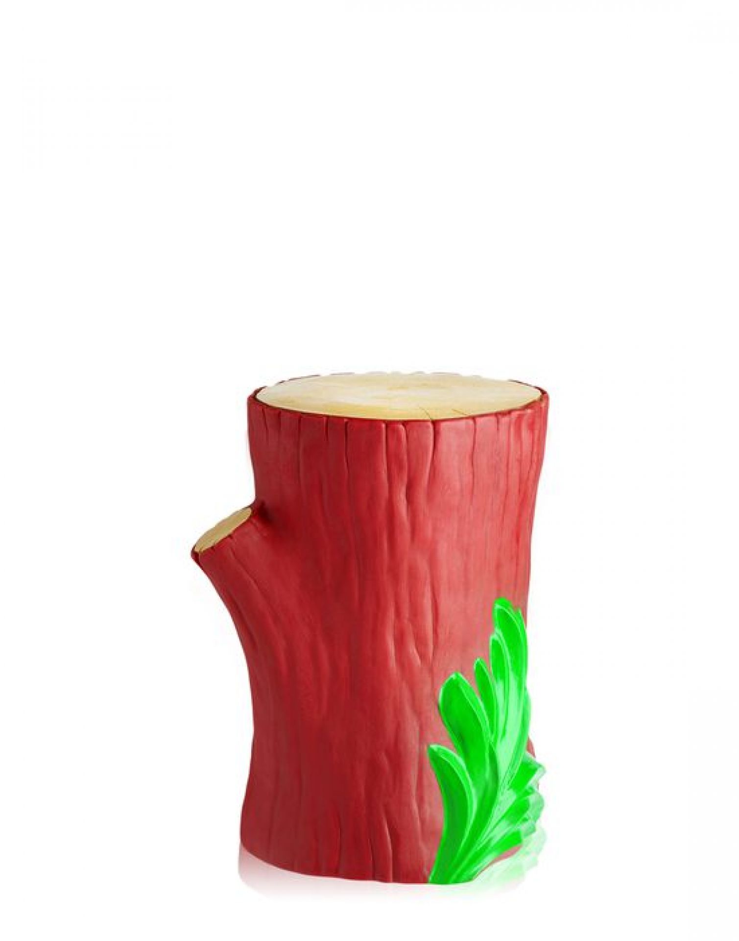 Roter Kartell Gnomes Hocker in Baumstumpf-Optik mit grünen Blättern, modernes Design für Wohnzimmer und Garten.
