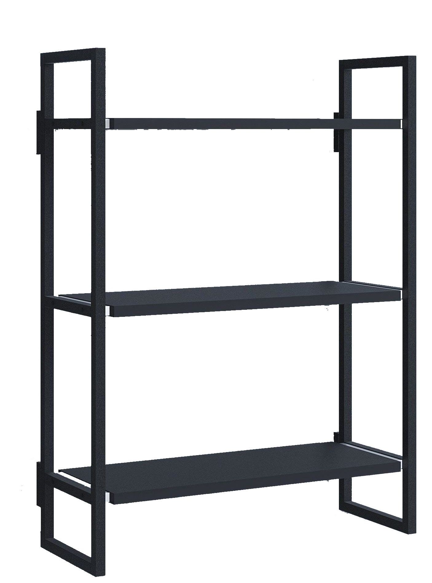 Schwarzes Wandregal "Oncono" Grundmodul B mit drei Regalböden aus Metall, modernes Design für Wohnzimmer und Büro.