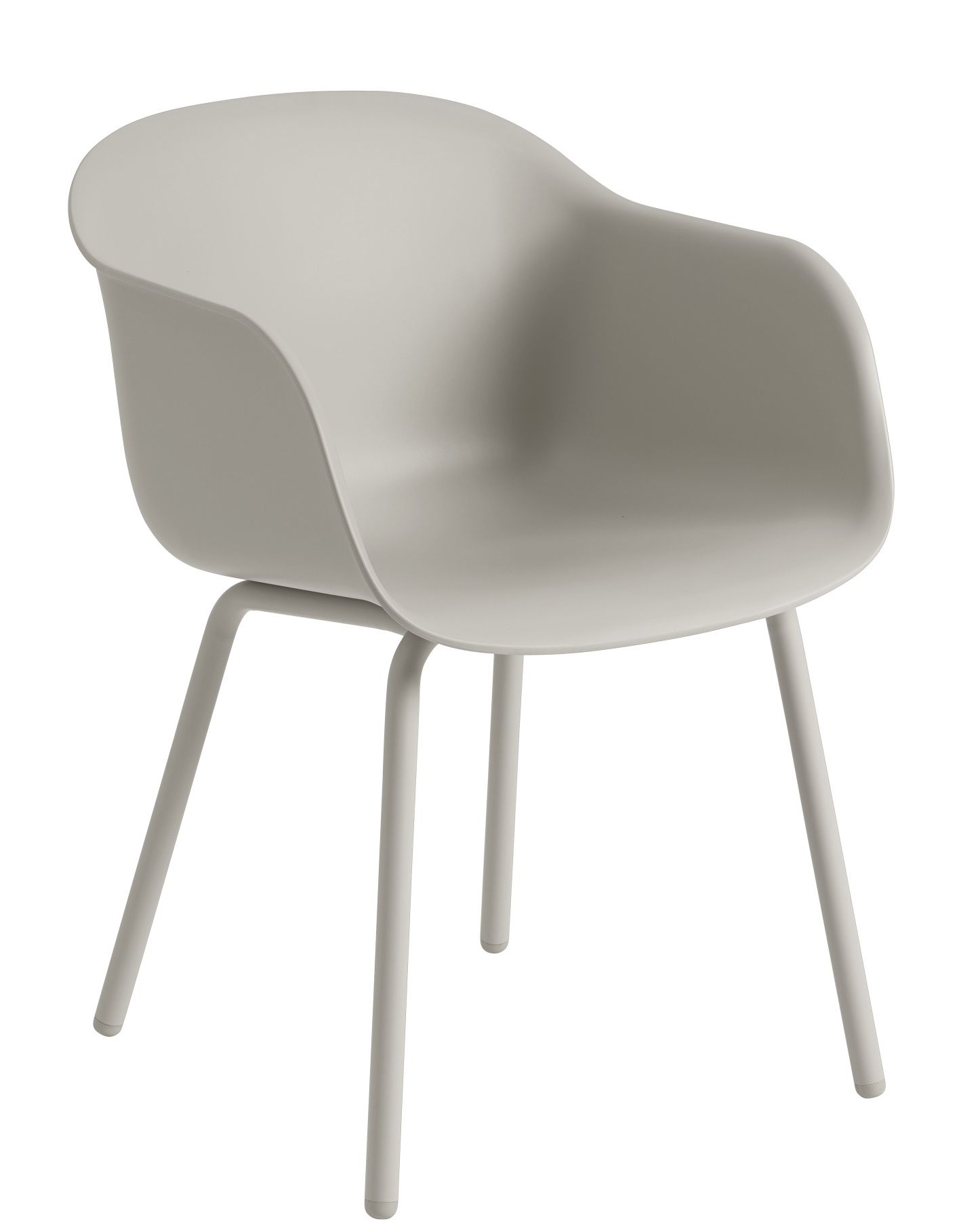 Muuto Fiber Outdoor Armchair: Grauer Armlehnstuhl mit minimalistischem Design und vier schlanken Beinen.