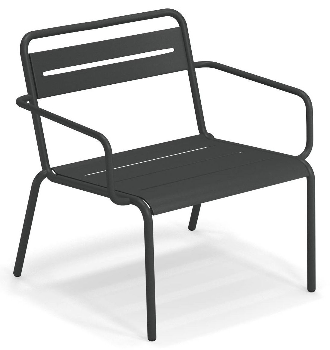 Star Lounge Chair Sessel Outdoor Emu, moderner Gartensessel aus anthrazitfarbenem Metall mit Armlehnen.