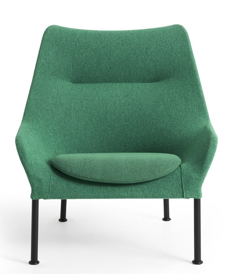 Grüner 02 Lounge Chair Sessel von Hay mit schwarzen Beinen, Frontansicht, moderner Stoffbezug.