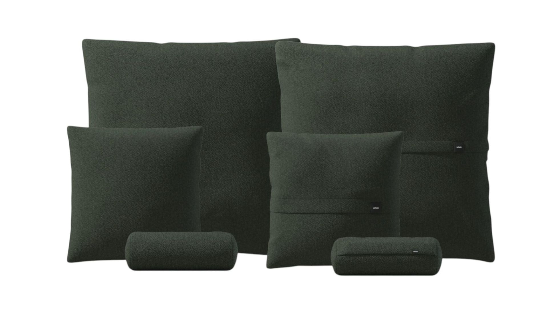 Vetsak Pillow Set: Sechs dunkelgrüne Kissen in verschiedenen Größen, quadratisch und zylindrisch.