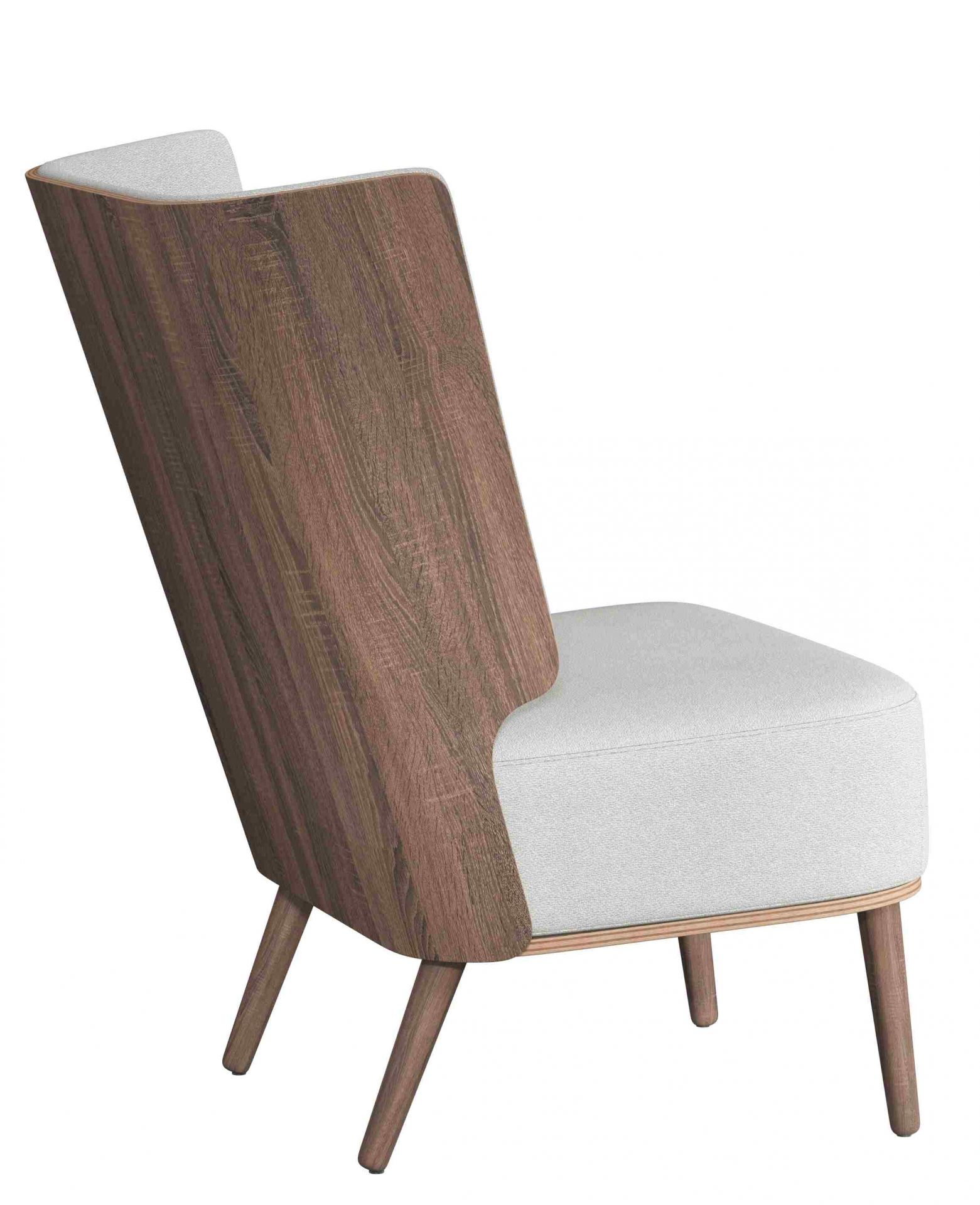 Serena Lounge Chair Sessel mit dunkel gebeiztem Eichenholz und hellem Stoffbezug, seitliche Ansicht.