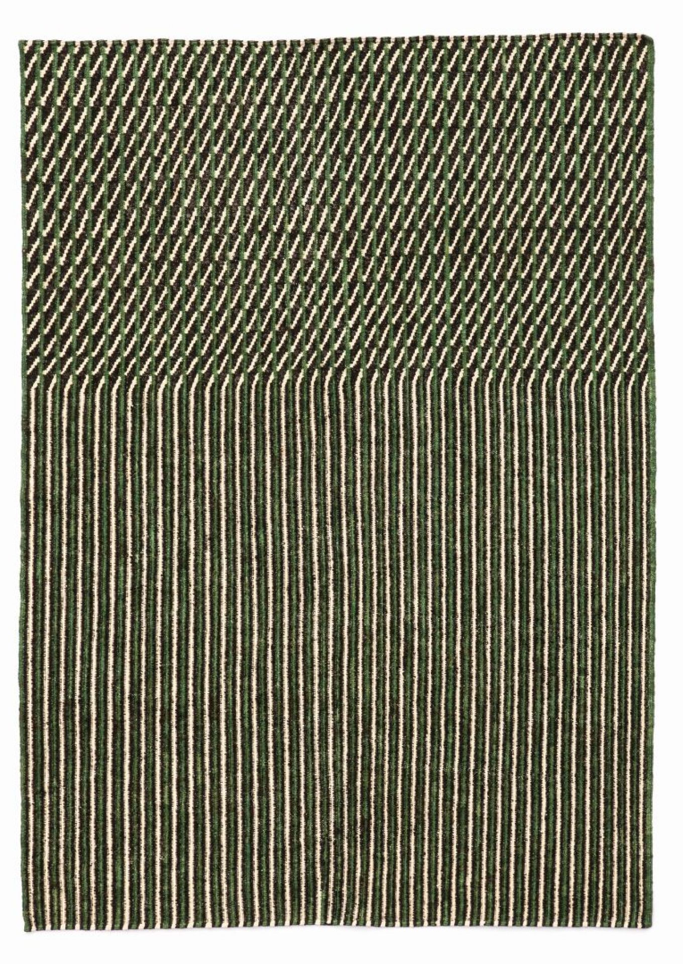 Grüner Nanimarquina Teppich "Blur" (200x300 cm) mit abstraktem Streifenmuster für Wohnzimmer und Schlafzimmer.
