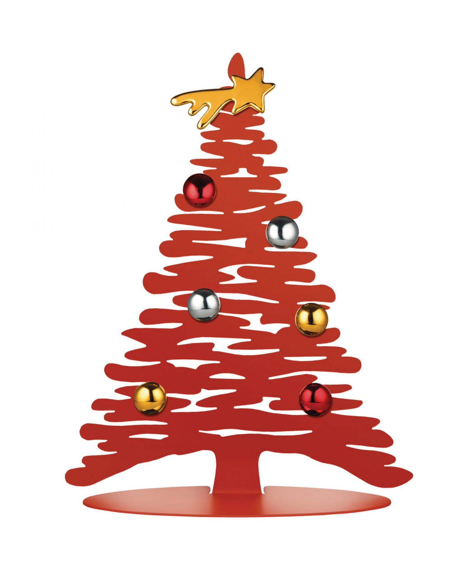 Roter Alessi Bark for Christmas Miniatur-Weihnachtsbaum mit bunten Kugeln und goldenem Stern.