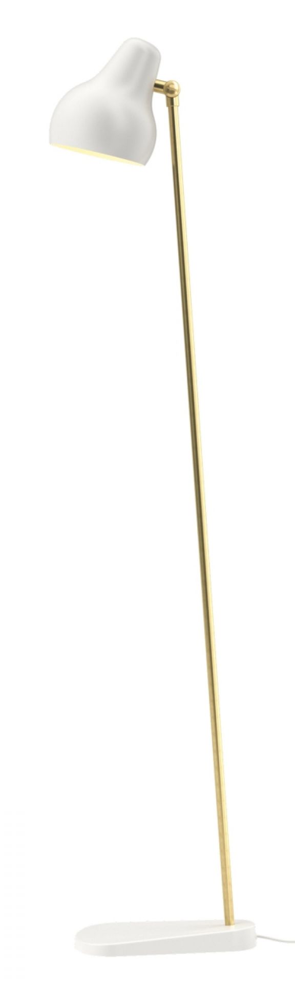 Weiße VL38 Stehleuchte von Louis Poulsen mit goldenem Gestell für Wohnzimmer und Schlafzimmer.