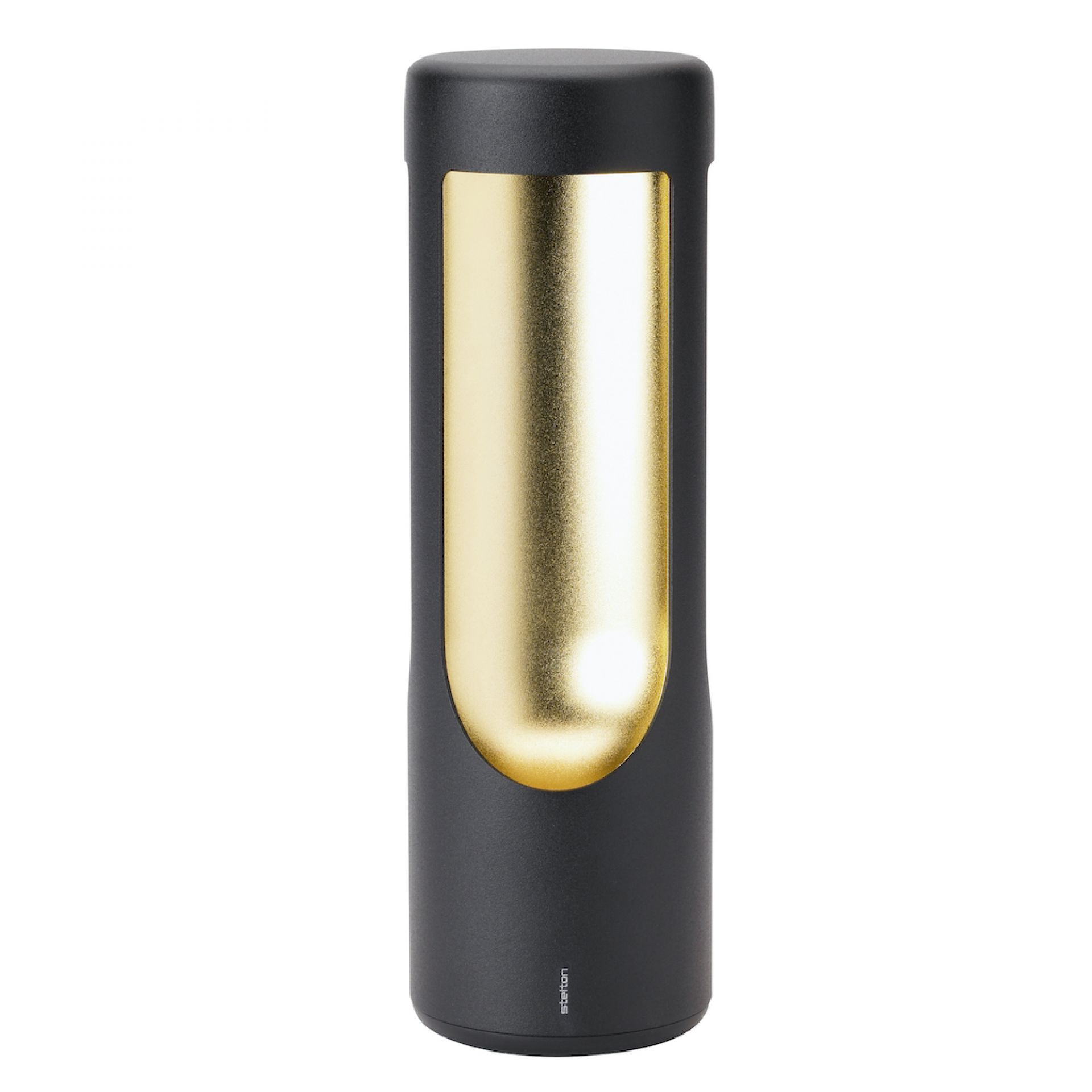 Schwarze Stelton Elton LED Akkuleuchte mit goldenem Lichtausschnitt, moderne Tischleuchte.