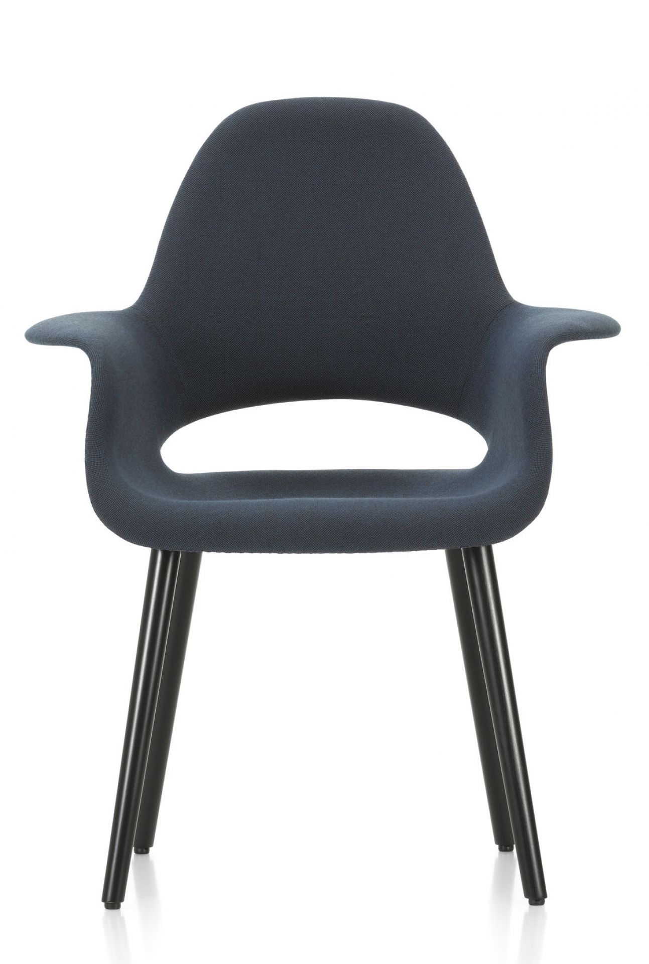 Vitra Organic Conference Stuhl in Blau mit schwarzen Beinen, Frontansicht, ideal für Konferenzräume.