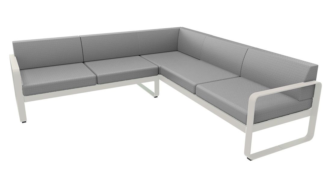 Bellevie Lounge Sofa von Fermob, Outdoor-Ecksofa mit grauem Bezug und weißem Aluminiumrahmen für Garten und Terrasse.