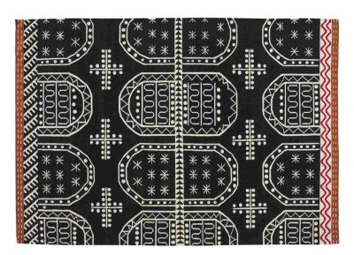 Kilim Tasili Teppich 200x300 cm: Schwarzer Wollteppich mit abstraktem, weißem Muster für Wohnzimmer und Schlafzimmer.
