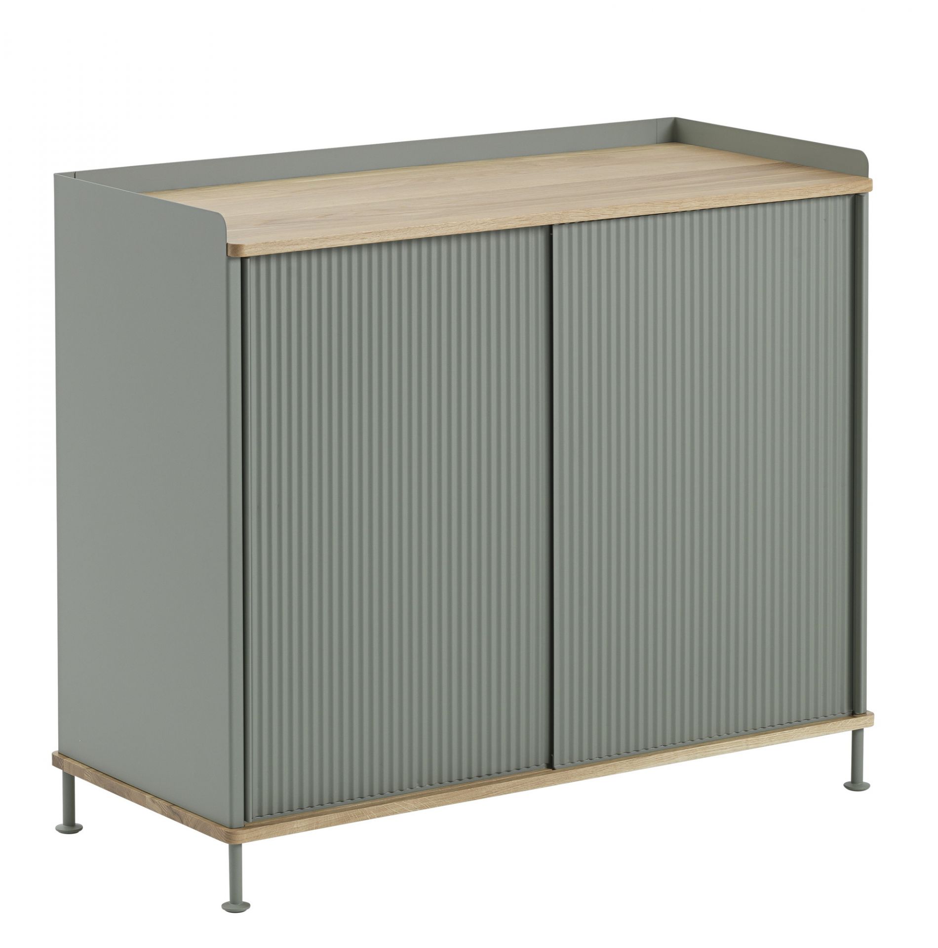Graues Enfold Sideboard von Muuto mit Schiebetüren und hellem Holzdeckel für stilvolle Aufbewahrung.