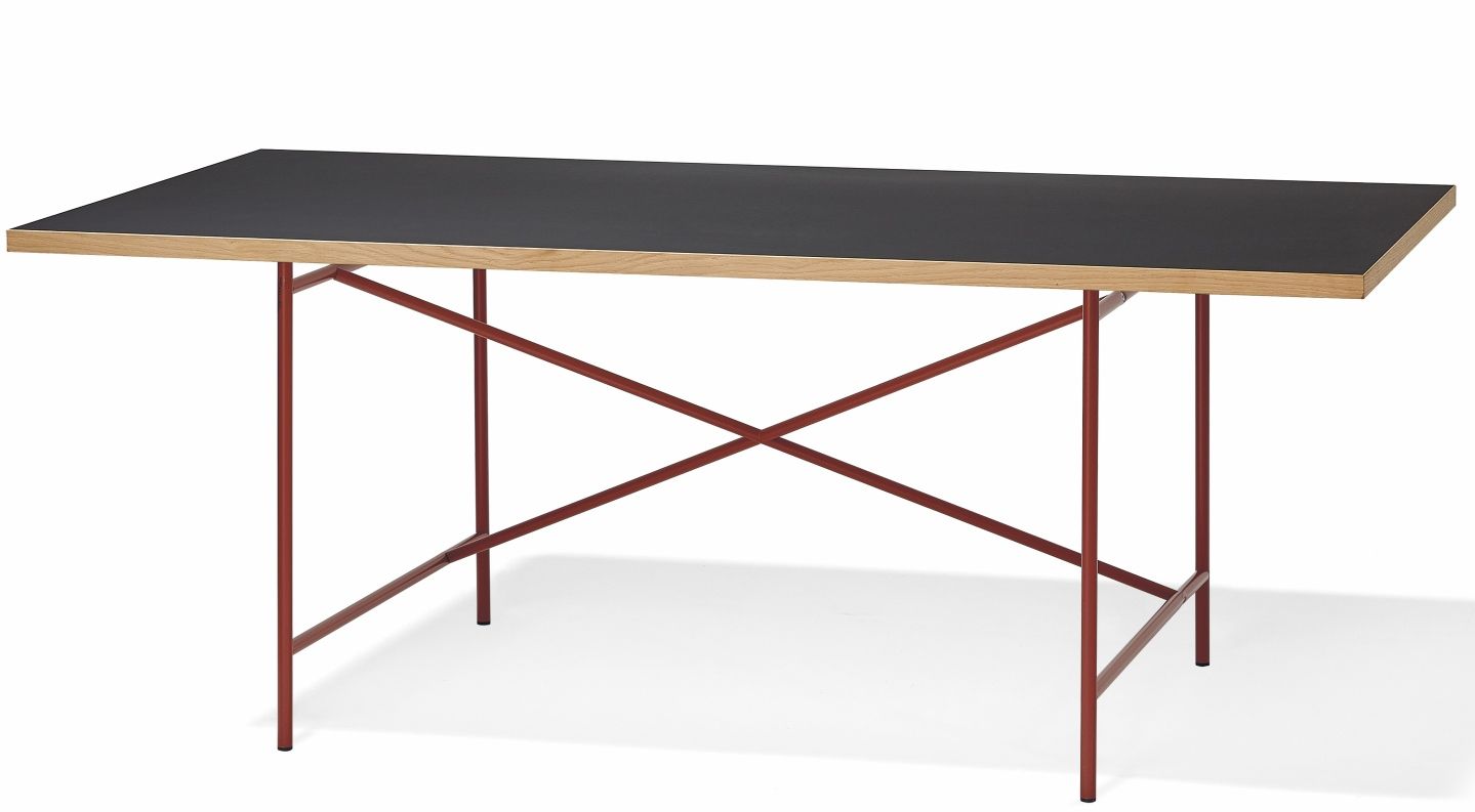 Eiermann Tisch mit schwarzer Tischplatte und rotem Stahlgestell, Designklassiker von Richard Lampert.