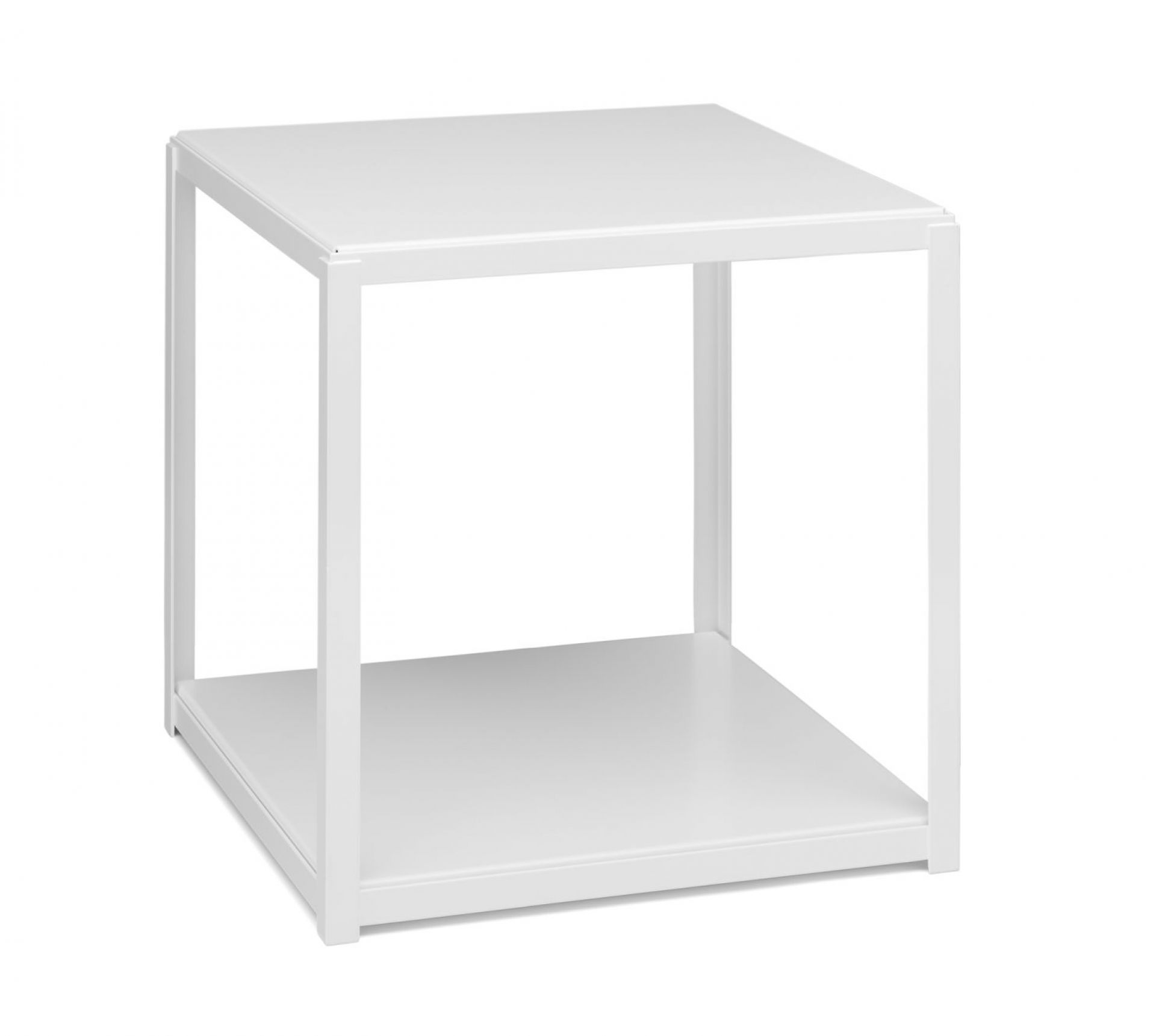 Signalweißer e15 Fortyforty Beistelltisch mit Einlegeboden, minimalistisches Design für Wohnzimmer und Schlafzimmer.