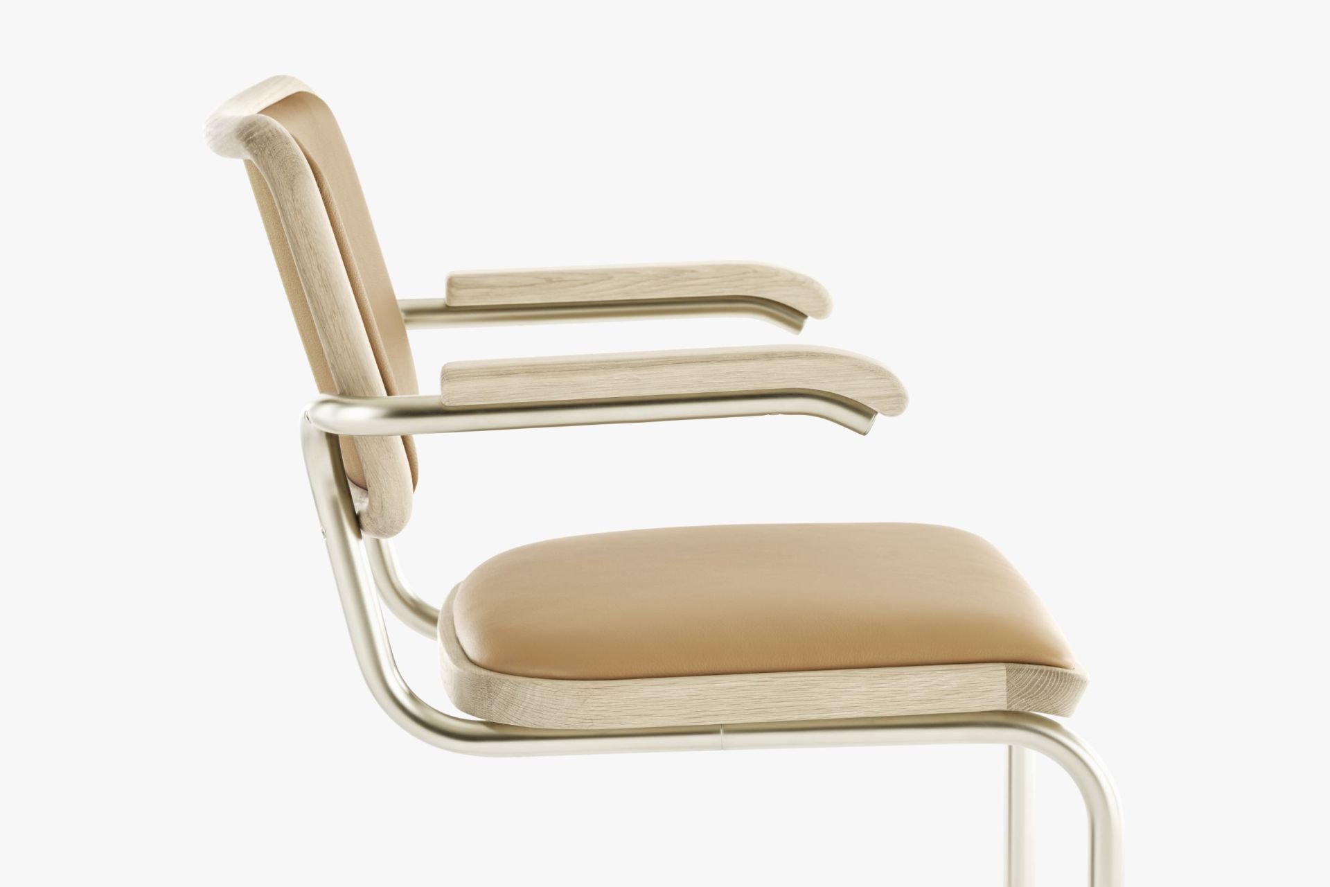 JS. Thonet S 64 P Freischwinger Stuhl, seitliche Ansicht, helles Holz, Lederbezug, Stahlrohrgestell, modernes Möbeldesign.