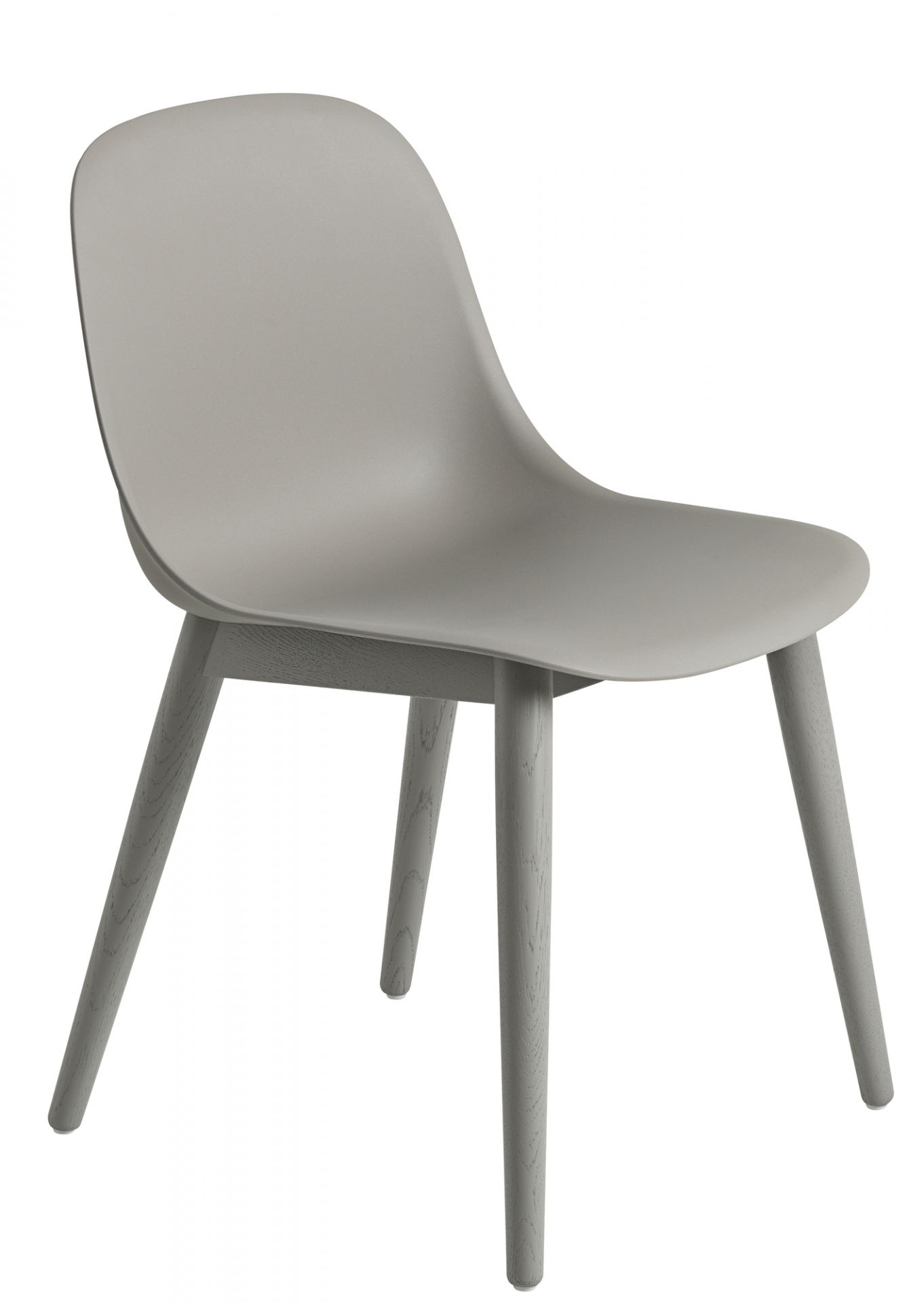Grauer Muuto Fiber Side Chair mit Holzbeinen, moderner Stuhl für Esszimmer und Büro.