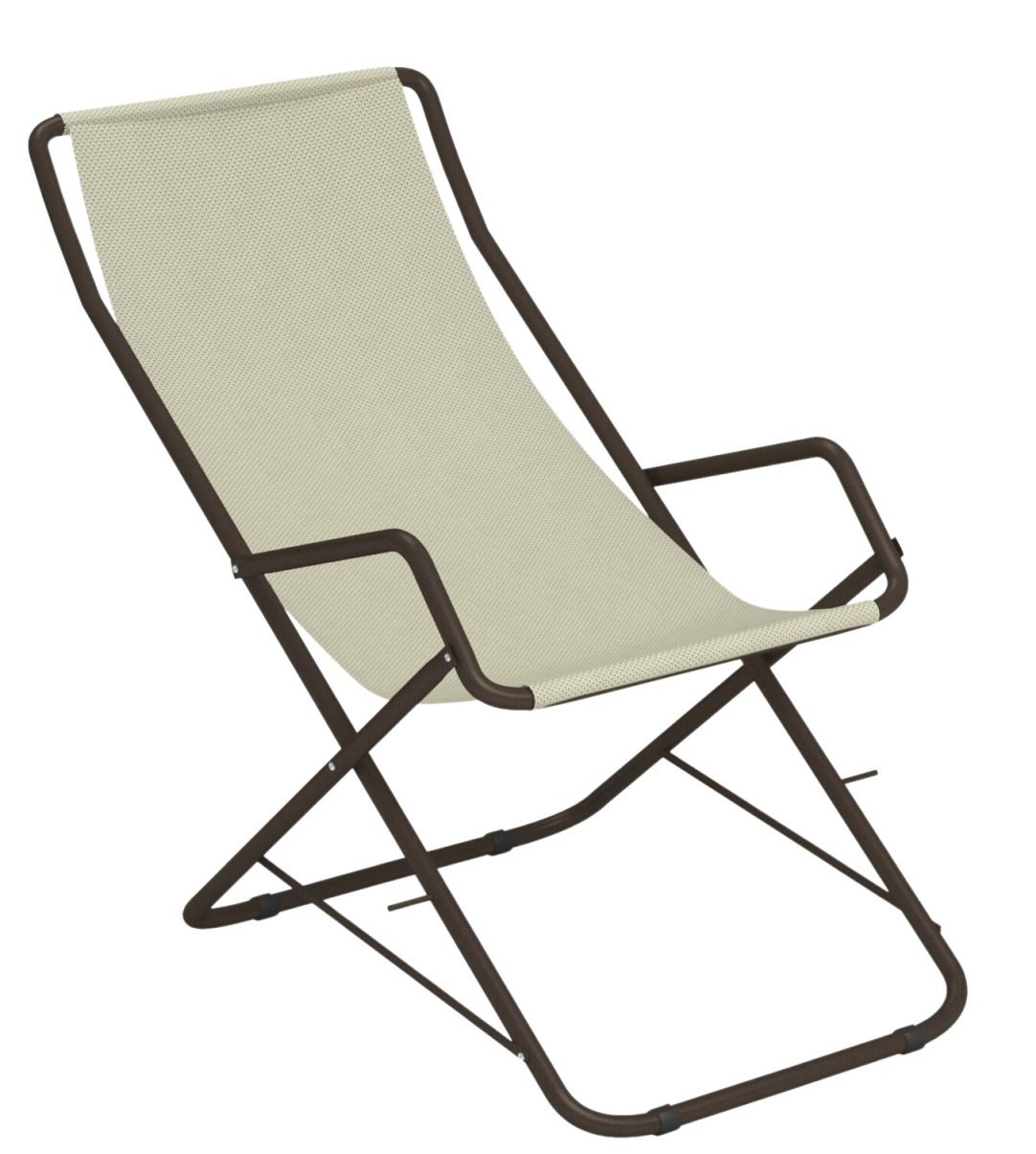 Bahama Liegestuhl von Emu für den Garten oder die Terrasse, braunes Gestell, beige Bespannung.