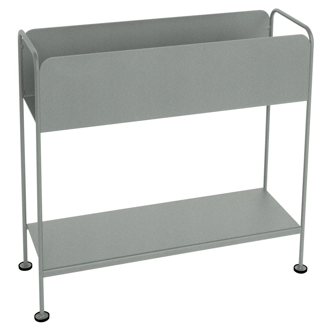 Grauer Picolino Blumentopf von Fermob für den Außenbereich, modernes Design mit zwei Ablageflächen für Pflanzen.