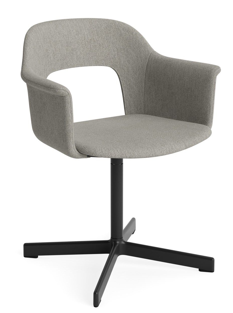 Layout Armchair 234 von Hay, grauer Bürostuhl mit Armlehnen und schwarzem Drehfuß.