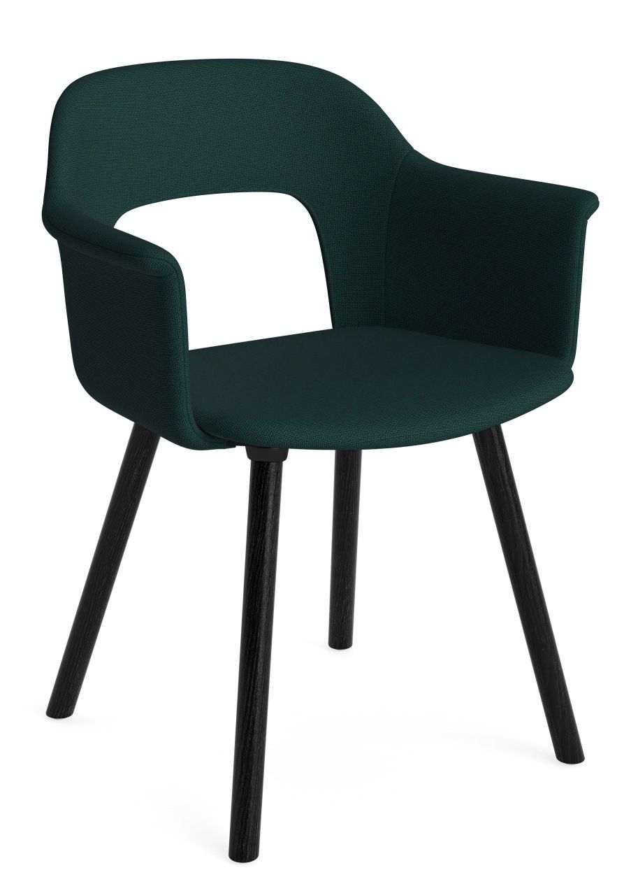 Layout Armchair 224 von Hay, Armlehnstuhl in Dunkelgrün mit schwarzen Holzbeinen, modernes Design für Esszimmer und Büro.