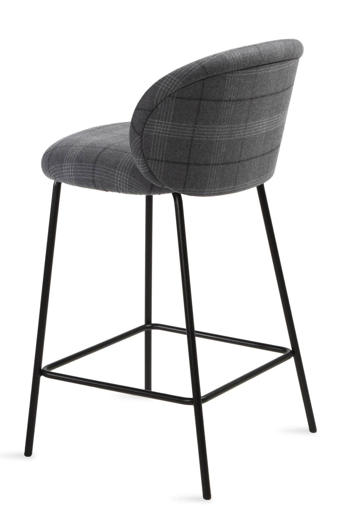 Ona Kitchenstool Barhocker von Freifrau Manufaktur mit grau kariertem Stoffbezug und schwarzem Metallgestell, Rückansicht.