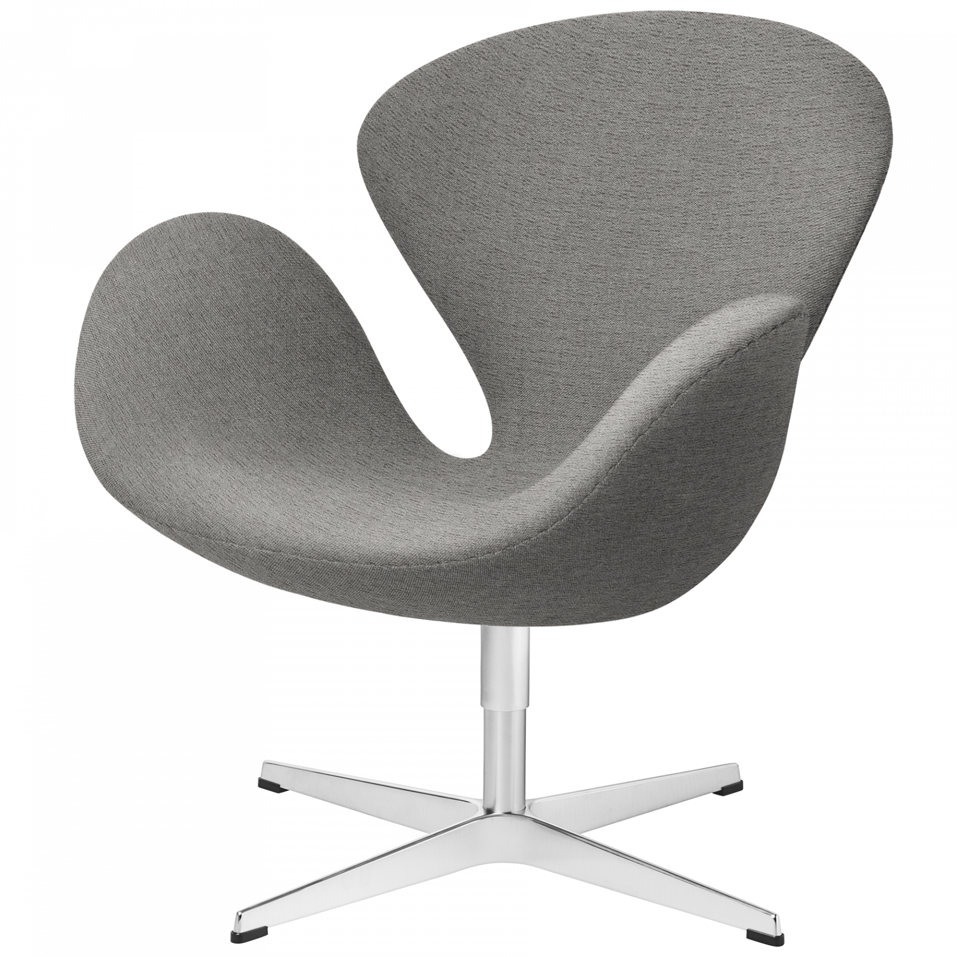 Grauer Schwan Sessel von Fritz Hansen mit Stoffbezug und Drehfuß aus Aluminium.